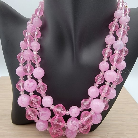 Pink Three-Strand Beaded Necklace with Hook Clasp - Picture 2 of 7